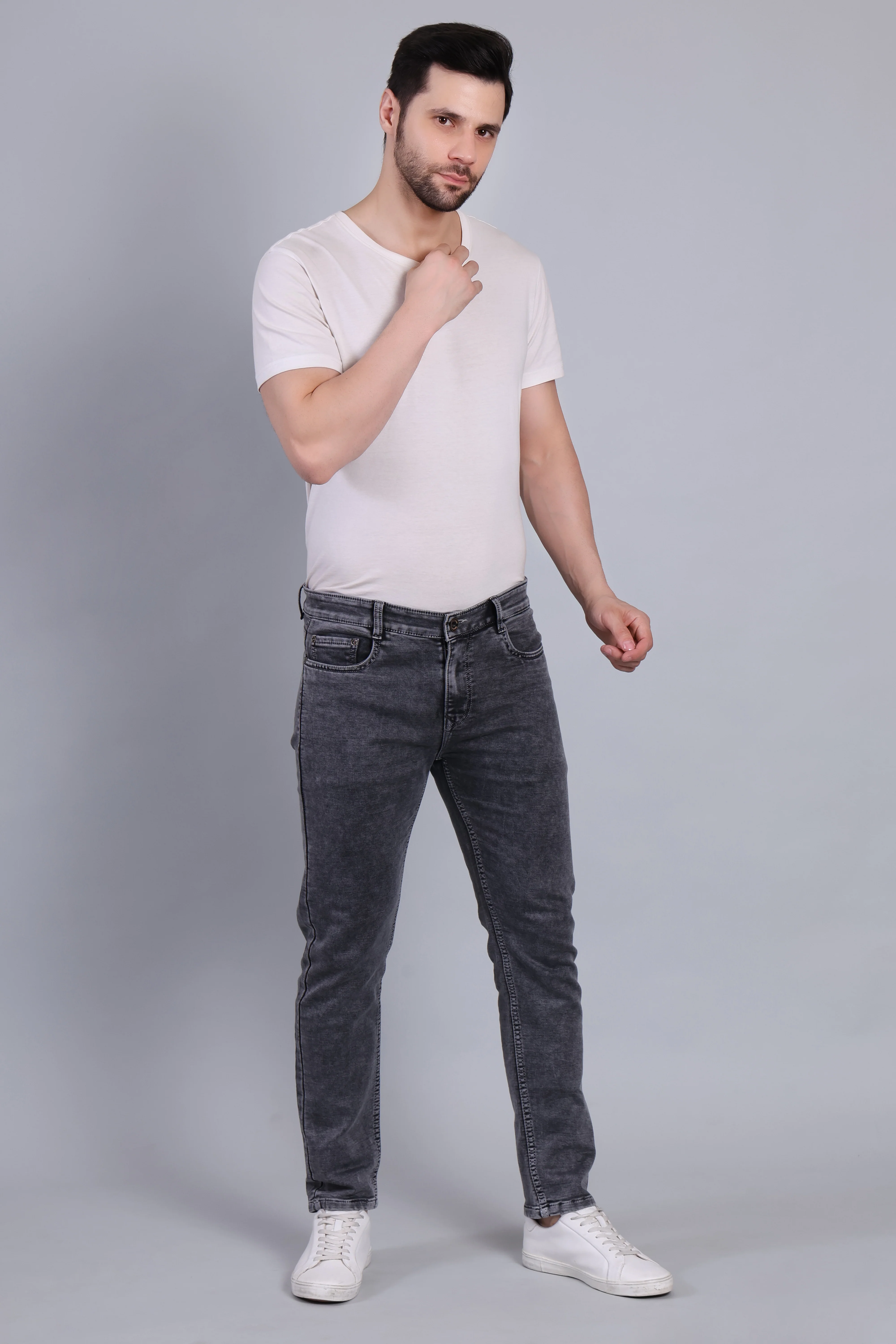 Red Boffin Men's Regular Smart Lycra Fit Grey Jeans - Image 4