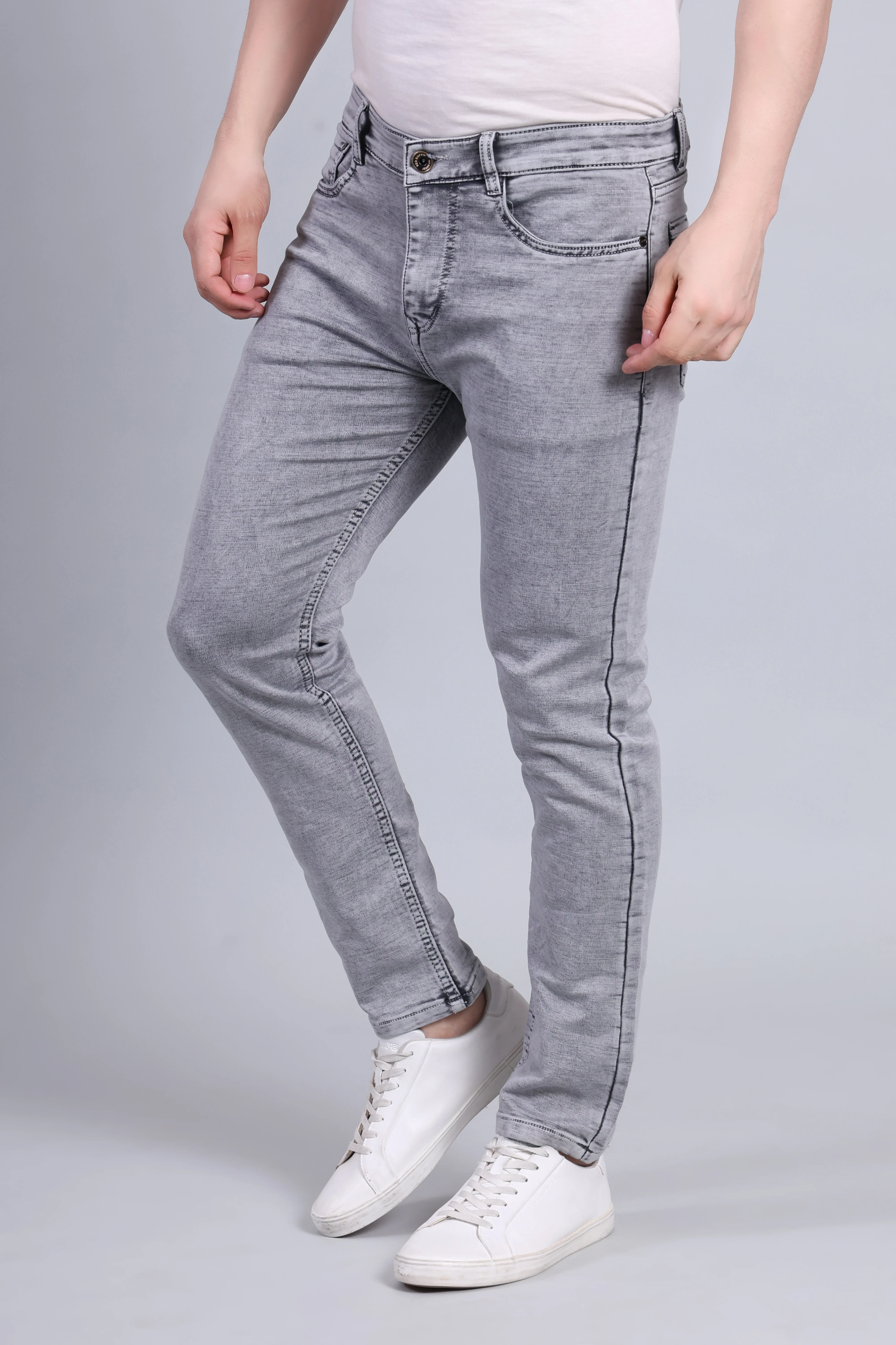Red Boffin Men's Regular Smart Lycra Fit Light Grey Jeans - Image 3