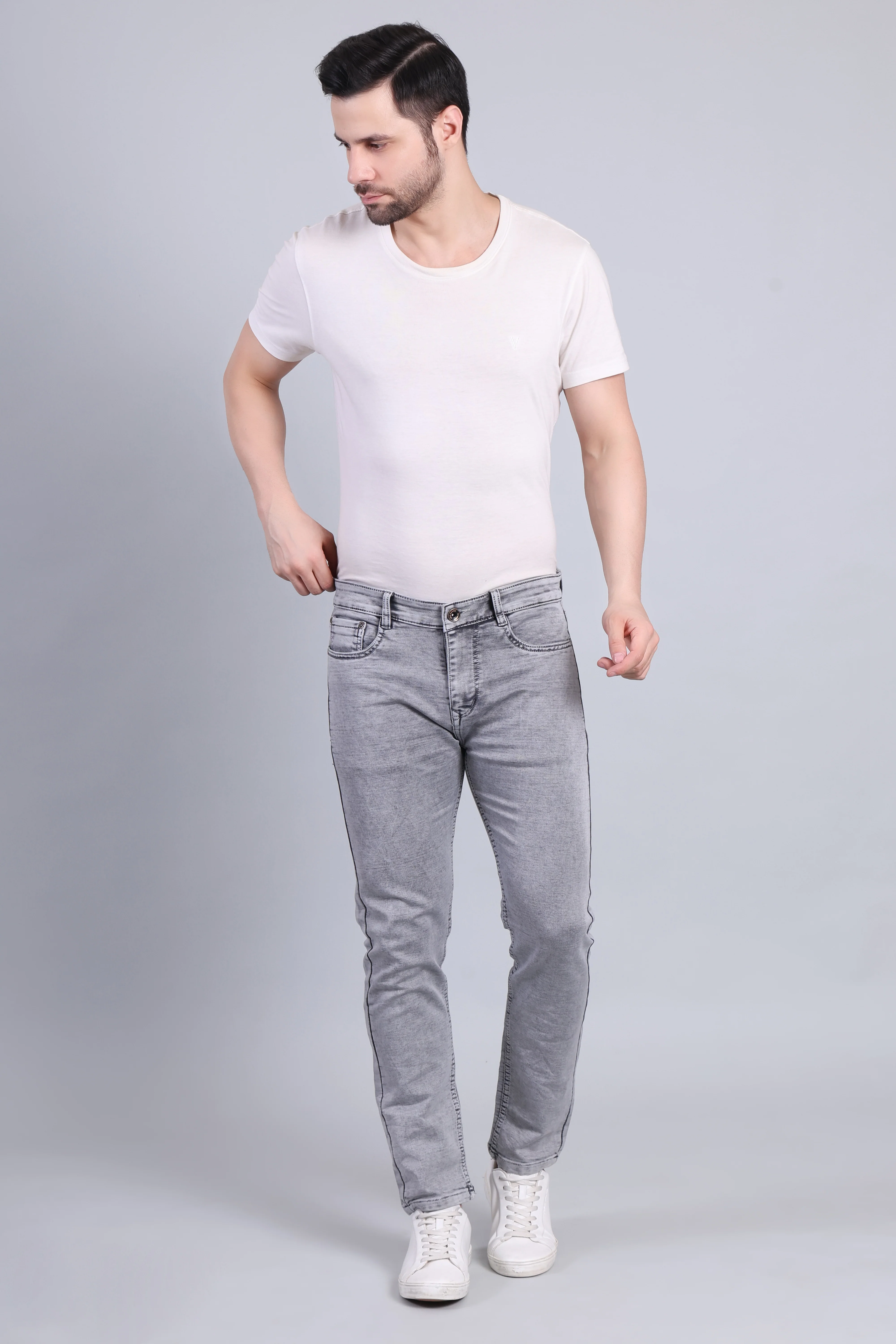 Red Boffin Men's Regular Smart Lycra Fit Light Grey Jeans - Image 4