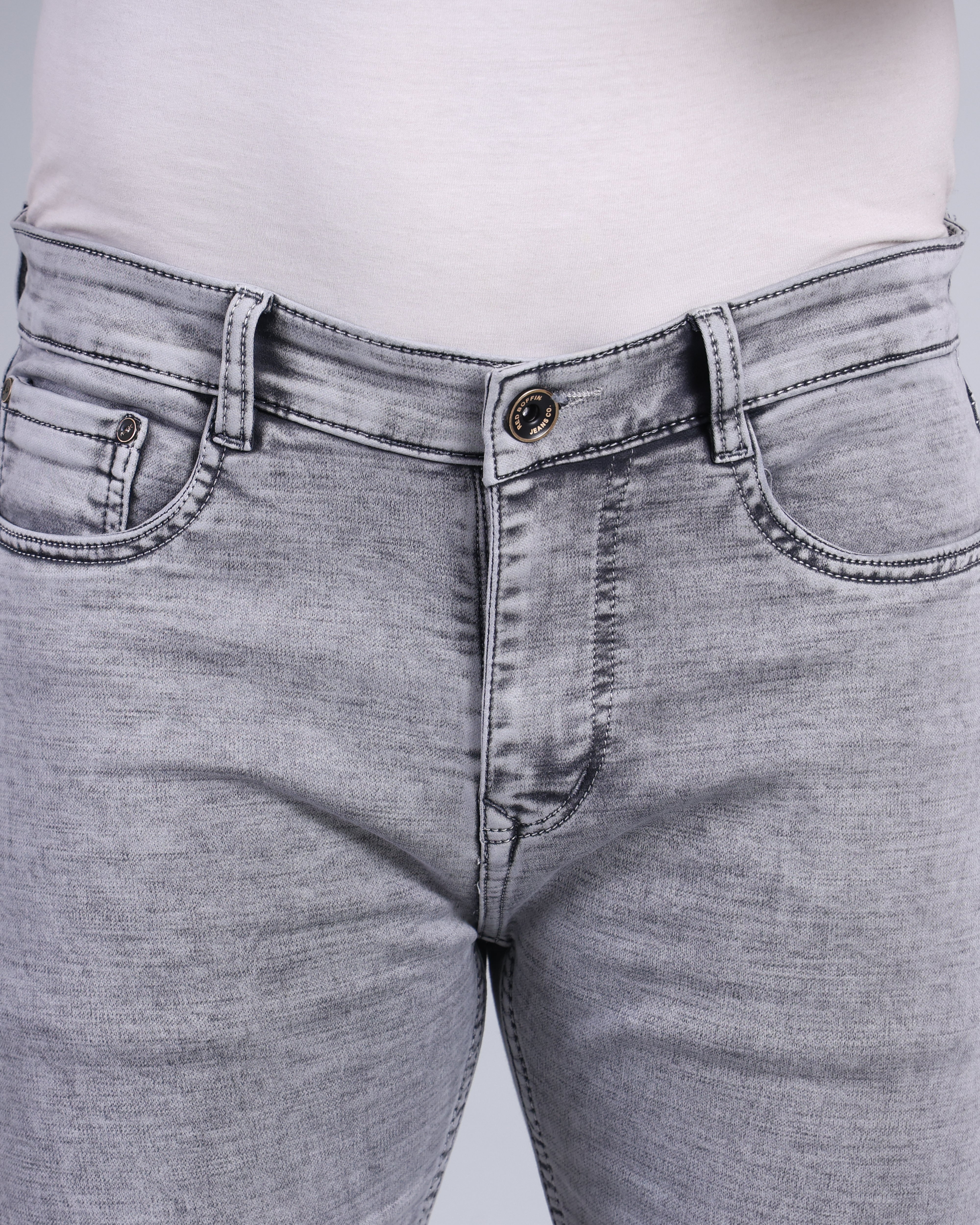 Red Boffin Men's Regular Smart Lycra Fit Light Grey Jeans - Image 5